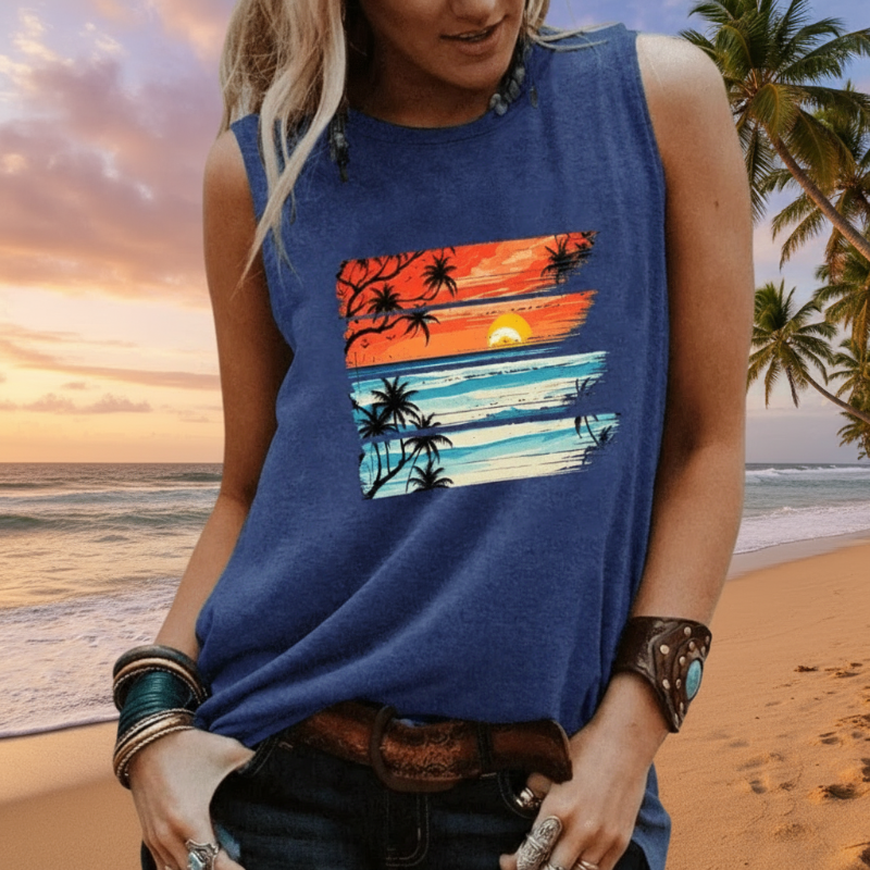 Boho Beach Hut Tank Top, Sleeveless Shirt, Graphic Tank Tropical Sunset Vintage Tank Blue / S