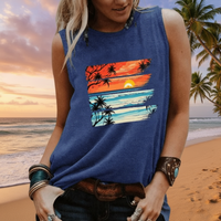 Boho Beach Hut Tank Top, Sleeveless Shirt, Graphic Tank Tropical Sunset Vintage Tank Blue / S