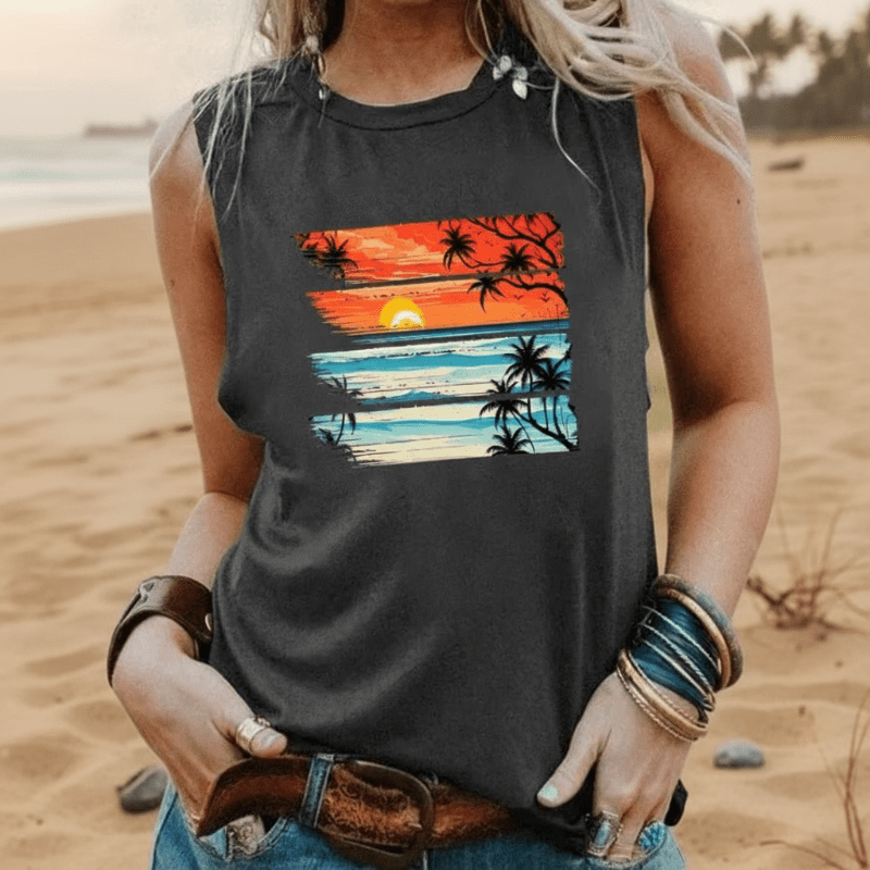 Tropical Sunset Graphic Tank Top – Boho Vintage Summer Vibes