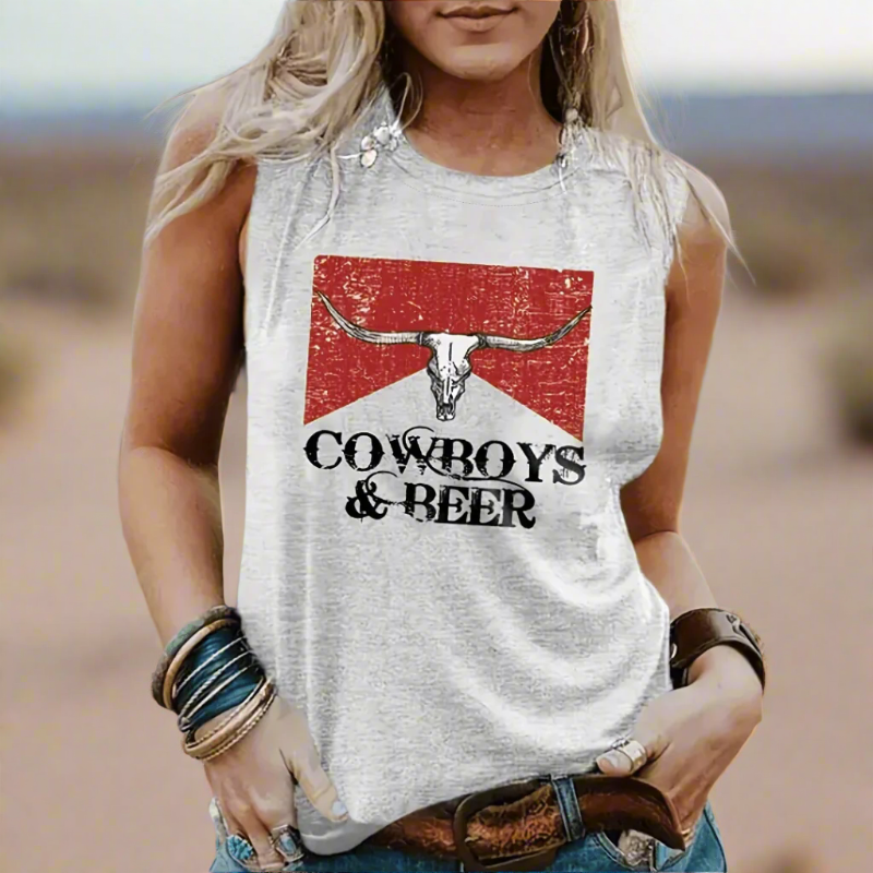 Boho Beach Hut Tank Tops, Plus Size, Sleeveless Shirt Boho Cowgirl “Cowboys & Beer” Graphic Tank Light Gray / M