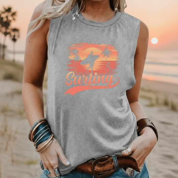 Boho Beach Hut Tank Tops, Plus Size, Sleeveless Shirt, Graphic Print Tank Top Surfing Graphic Tank Top Light Gray / S