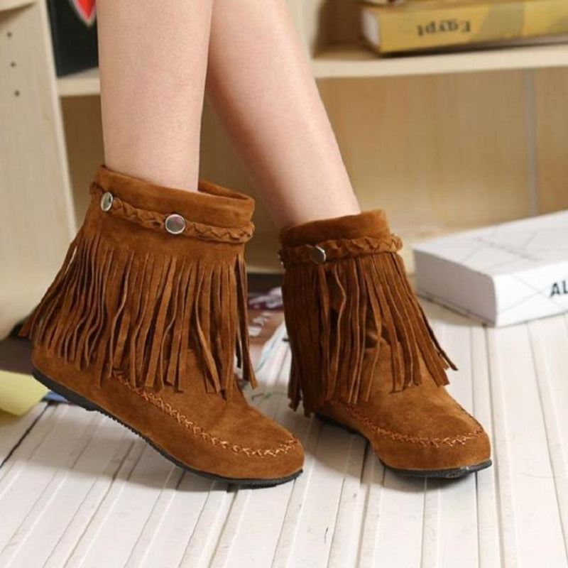 Boho Tassel Fringe Faux Suede Boots – Ankle Height Slip-On