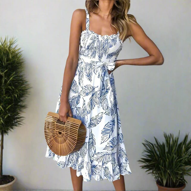 Spaghetti Strap Boho Midi Dress Leaf Print Backless Dress with Sash Boho Beach Hut Spaghetti Strap Boho Midi Dress Leaf Print Backless Dress with Sash Boho Beach Hut