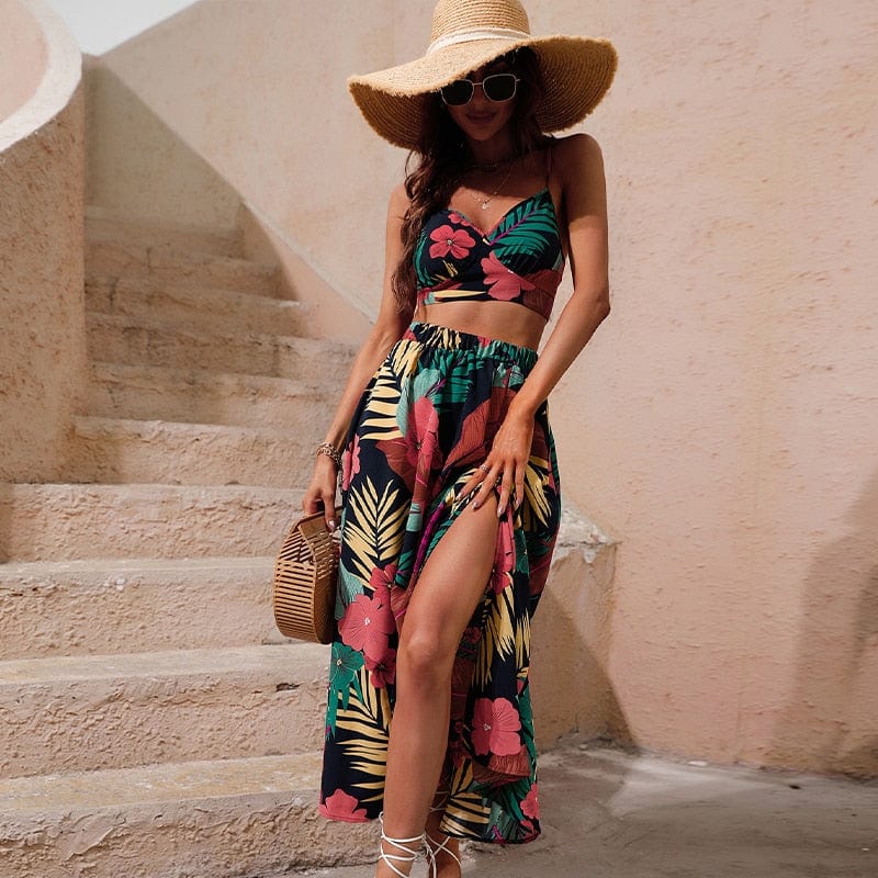 Boho Style Floral Two Piece Crop Top and Skirt Set – Boho Beach Hut