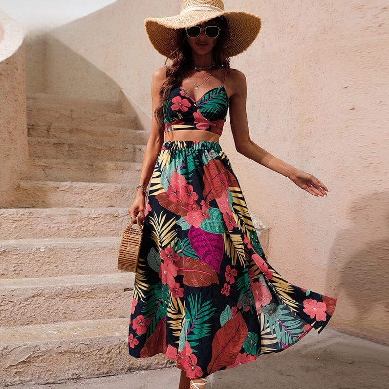 Boho Style Floral Two Piece Crop Top and Skirt Set Boho Beach Hut