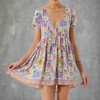 Boho Beach Hut Beach Dress, Boho Dress, Summer Dress, mini dress, floral dress, short sleeve dress, blue dress, vintage dress, boho chic dress, plus size dress Boho Vintage Floral Print Mini Dress