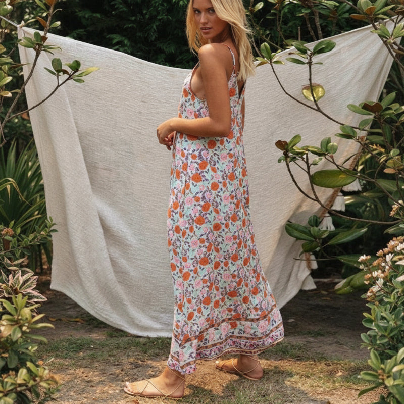 Boho Loose Summer Sundress – Floral V-Neck Maxi Dress with Empire