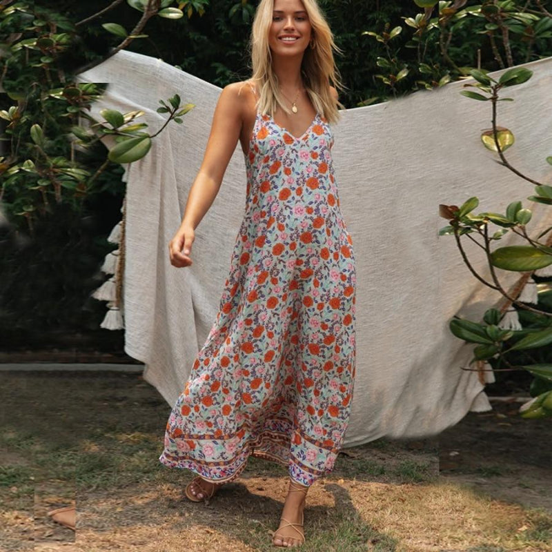 Boho Loose Summer Sundress – Floral V-Neck Maxi Dress with Empire