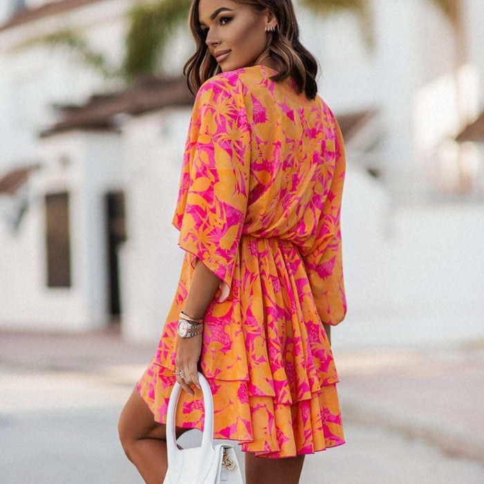 Boho Beach Hut Beach Dress, Chic Dress, Boho Dress, Summer Dress, Sun Dress, Mini Dress, orange dress, floral dress Boho Floral Ruffle Mini Dress