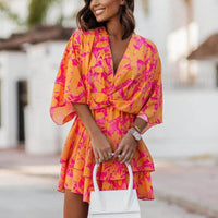 Boho Beach Hut Beach Dress, Chic Dress, Boho Dress, Summer Dress, Sun Dress, Mini Dress, orange dress, floral dress Boho Floral Ruffle Mini Dress Orange / S