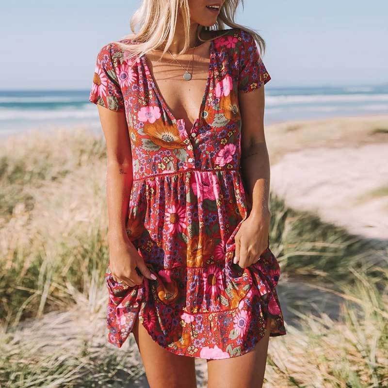 Boho Daisy Floral Mini Dress – Pink A-Line Button-Up Dress with