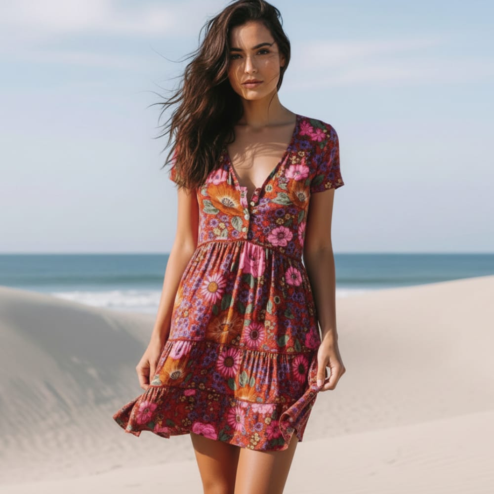 Boho Daisy Floral Mini Dress Pink Short Sleeve A-Line Summer Dress Boho Beach Hut Boho Daisy Floral Mini Dress Pink Short Sleeve A-Line Summer Dress Boho Beach Hut