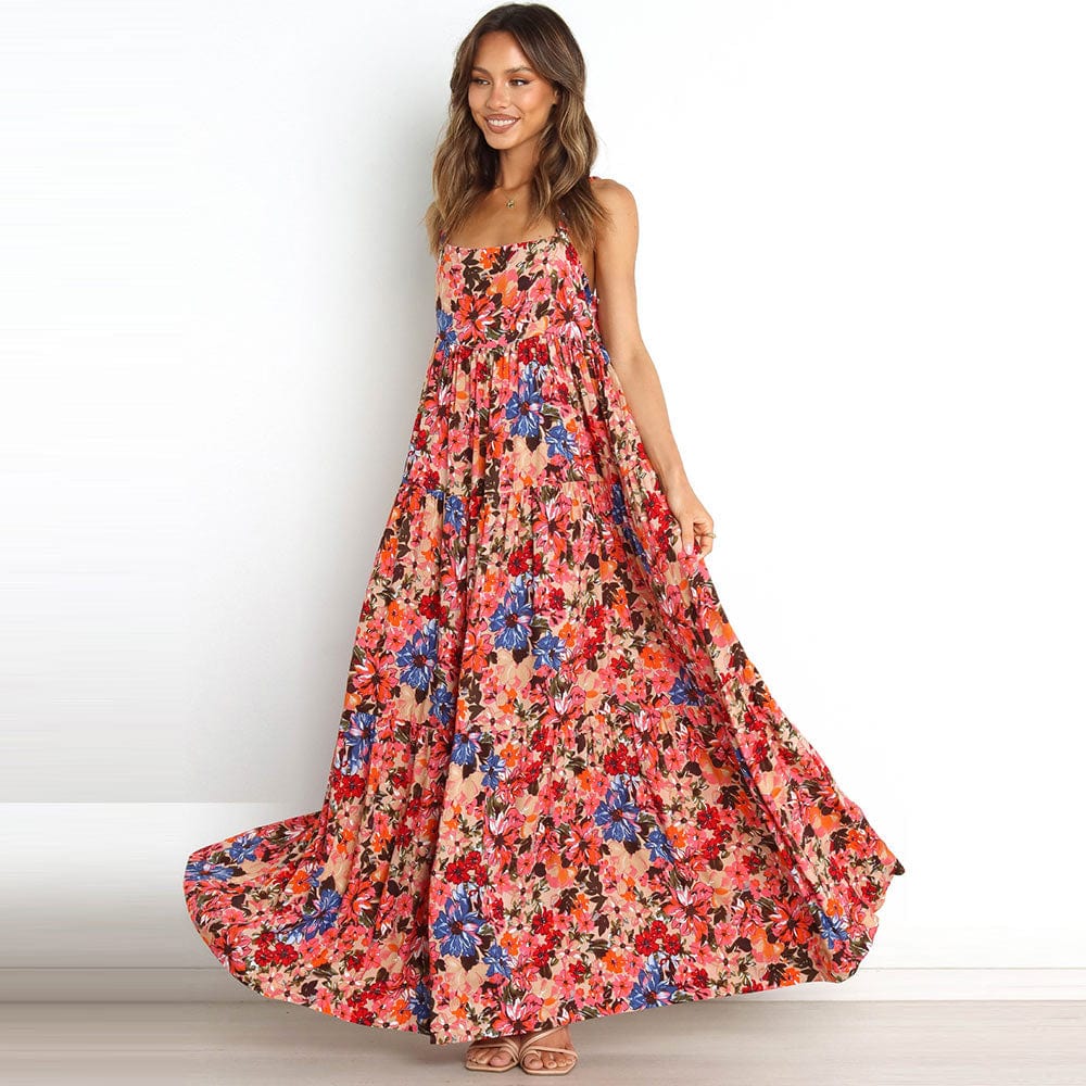 Floral Print Sleeveless Backless Boho Dress