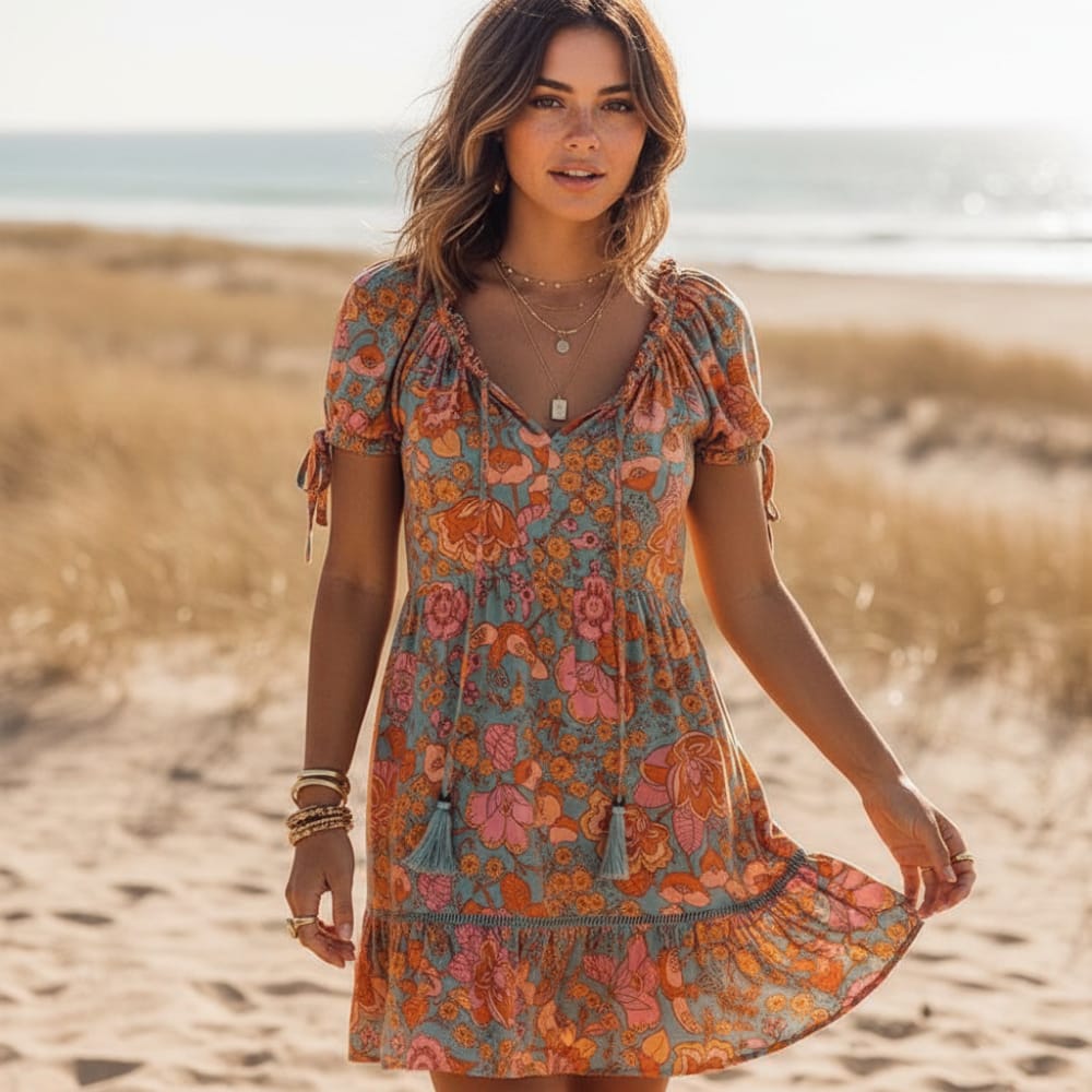 Casual Floral Ruffle Mini Dress Boho Orange Short Sleeve Dress Boho Beach Hut Casual Floral Ruffle Mini Dress Boho Orange Short Sleeve Dress Boho Beach Hut
