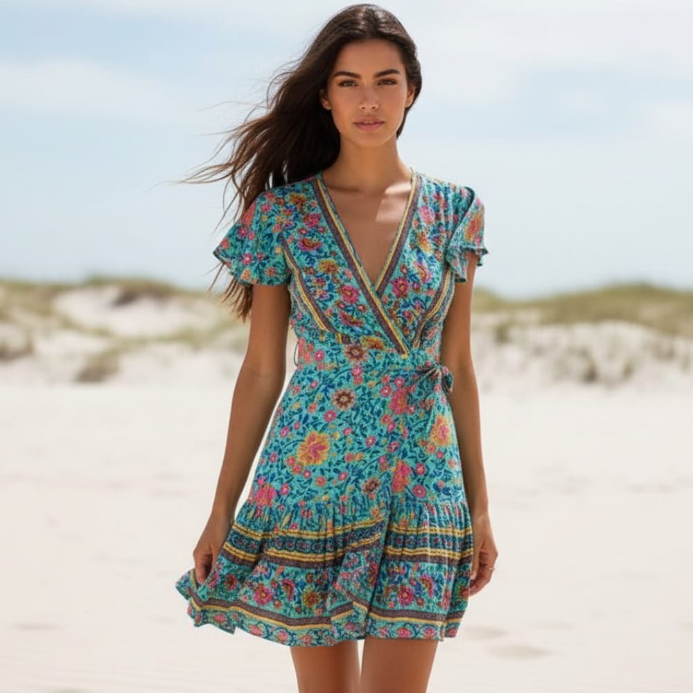 Green Boho Floral Mini Dress – Wrap Style V-Neck A-Line Summer Dress – Boho  Beach Hut