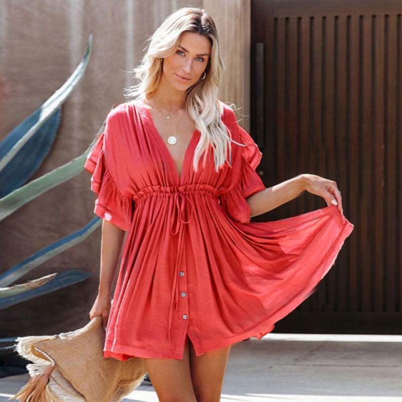 Beach Summer Mini Dress Tunic Cover Up Dress Red One Size at Boho Beach Hut