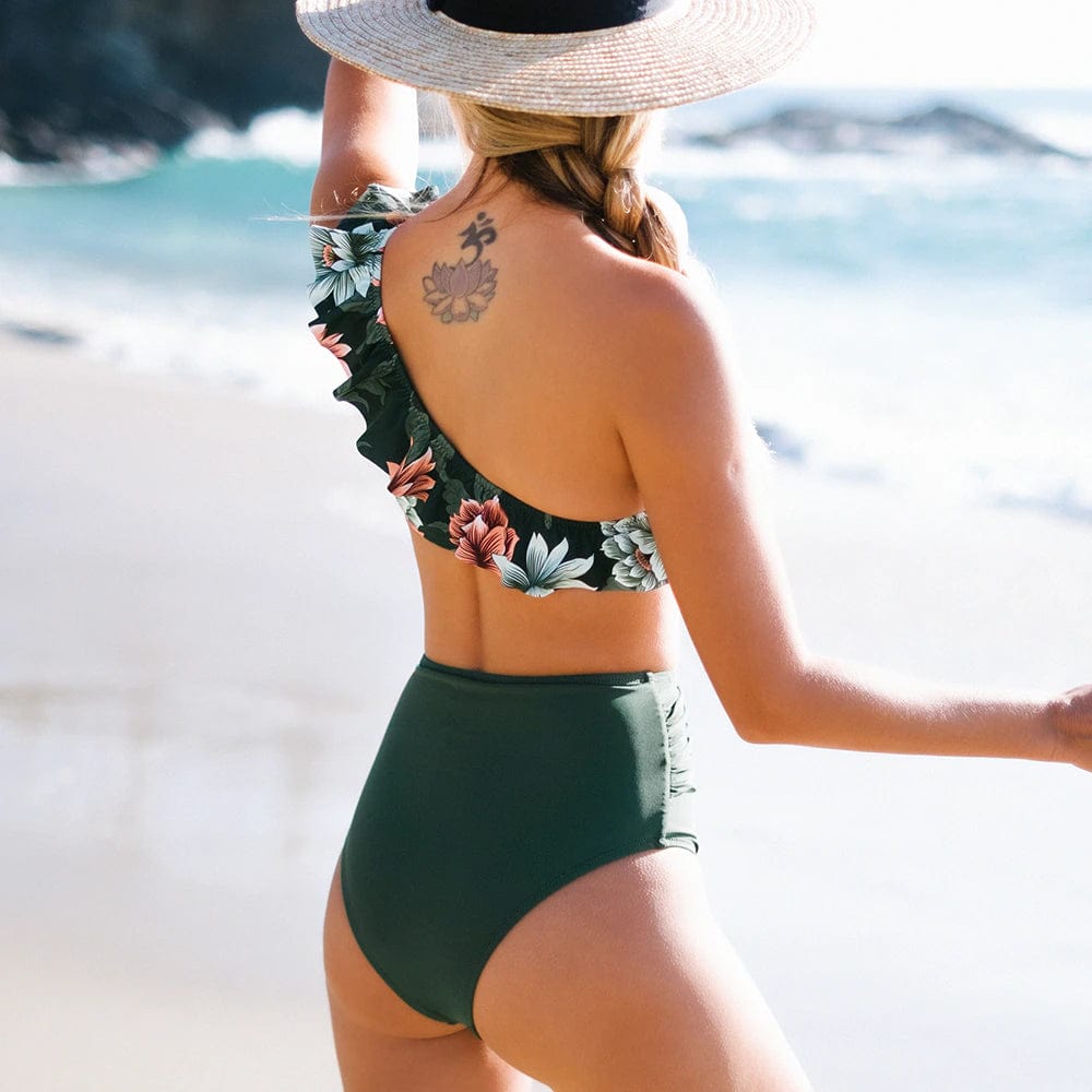 Green Off Shoulder Ruffle Floral High Waist Bikini Boho Beach Hut