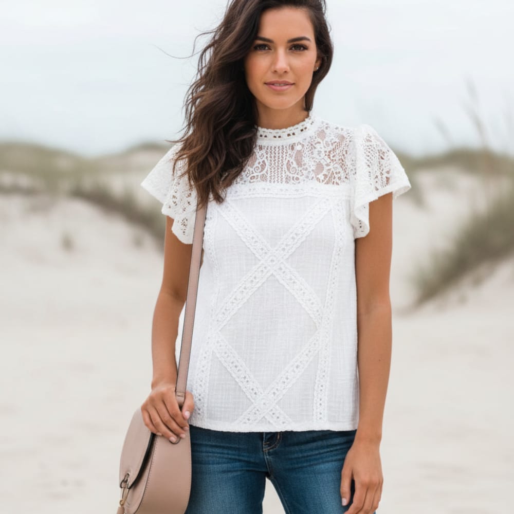 新品　gypsohila  Slash Blouse White 23SS White Boho Lace Blouse – Hollow Out High Collar Short Sleeve Top