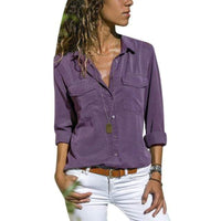 Boho Beach Hut Blouses & Shirts V Neck Long Sleeve Top with Pockets Purple / S