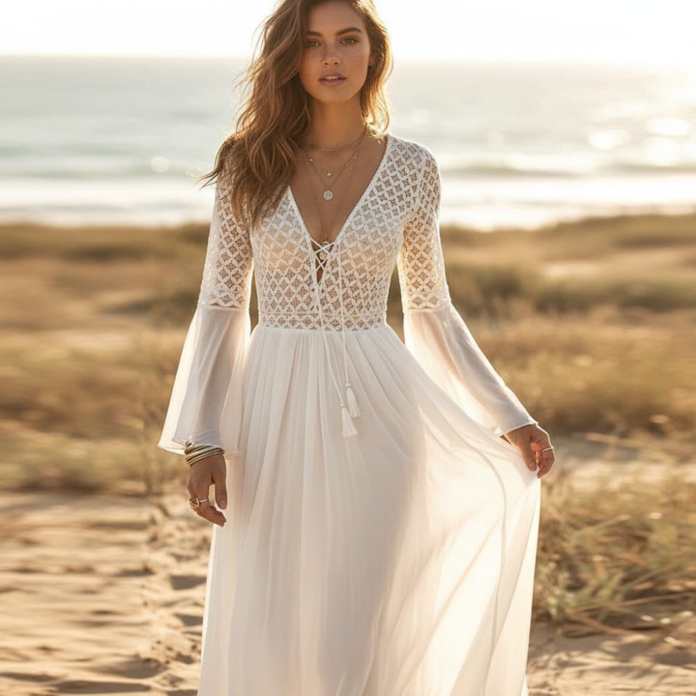 Boho Lace Maxi Cover-Up Dress | High Waist Beach Dress in White | Women's Boho Fashion | One Size | Polyester, Synthetic Boho Lace Maxi Cover-Up Dress | High Waist Beach Dress in White | Women's Boho Fashion | One Size | Polyester, Synthetic