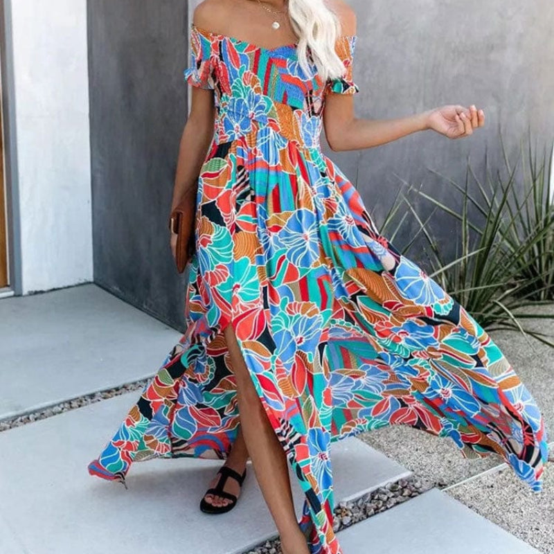 Boho Beach Hut Boho Dress, Beach Dress, Summer Dress, Maxi Dress, Chic Dress, Long Dress, Below knee dress, red dress, burgundy dress, blue dress, plus size dress, floral dress, strapless dress, sleeveless dress Boho Off Shoulder Colorful Floral Maxi Dress Blue / S