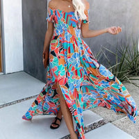 Boho Beach Hut Boho Dress, Beach Dress, Summer Dress, Maxi Dress, Chic Dress, Long Dress, Below knee dress, red dress, burgundy dress, blue dress, plus size dress, floral dress, strapless dress, sleeveless dress Boho Off Shoulder Colorful Floral Maxi Dress Blue / S