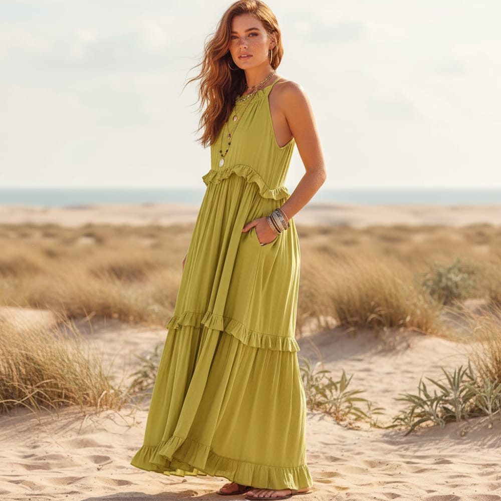 slim fit dress slacks Ruffle Pullover Boho Summer Maxi Dress