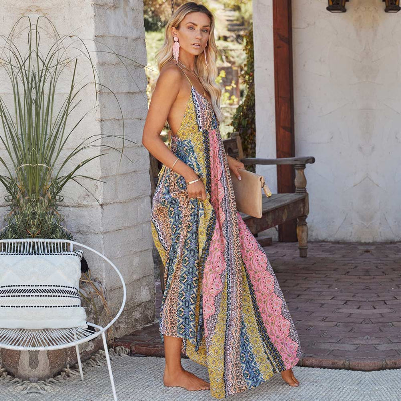 Maxi Dress Bohemian Style Attire Deep V Neck Floral Maxi Dress