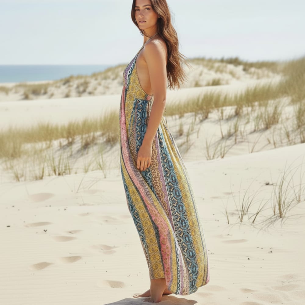 Sexy Deep V-Neck Boho Maxi Dress Pink Floral Sleeveless A-Line Dress Boho Beach Hut Sexy Deep V-Neck Boho Maxi Dress Pink Floral Sleeveless A-Line Dress Boho Beach Hut