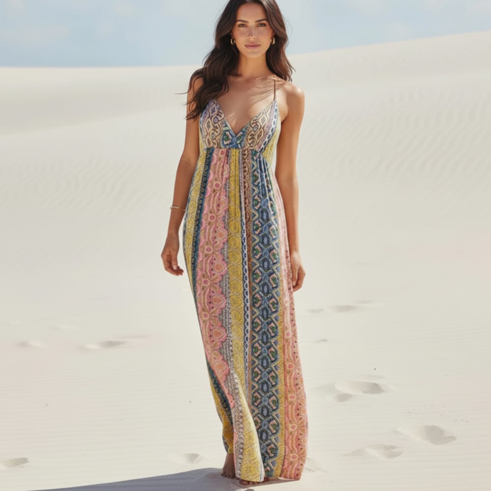 Sexy Deep V-Neck Boho Maxi Dress Pink Floral Sleeveless A-Line Dress Boho Beach Hut Sexy Deep V-Neck Boho Maxi Dress Pink Floral Sleeveless A-Line Dress Boho Beach Hut
