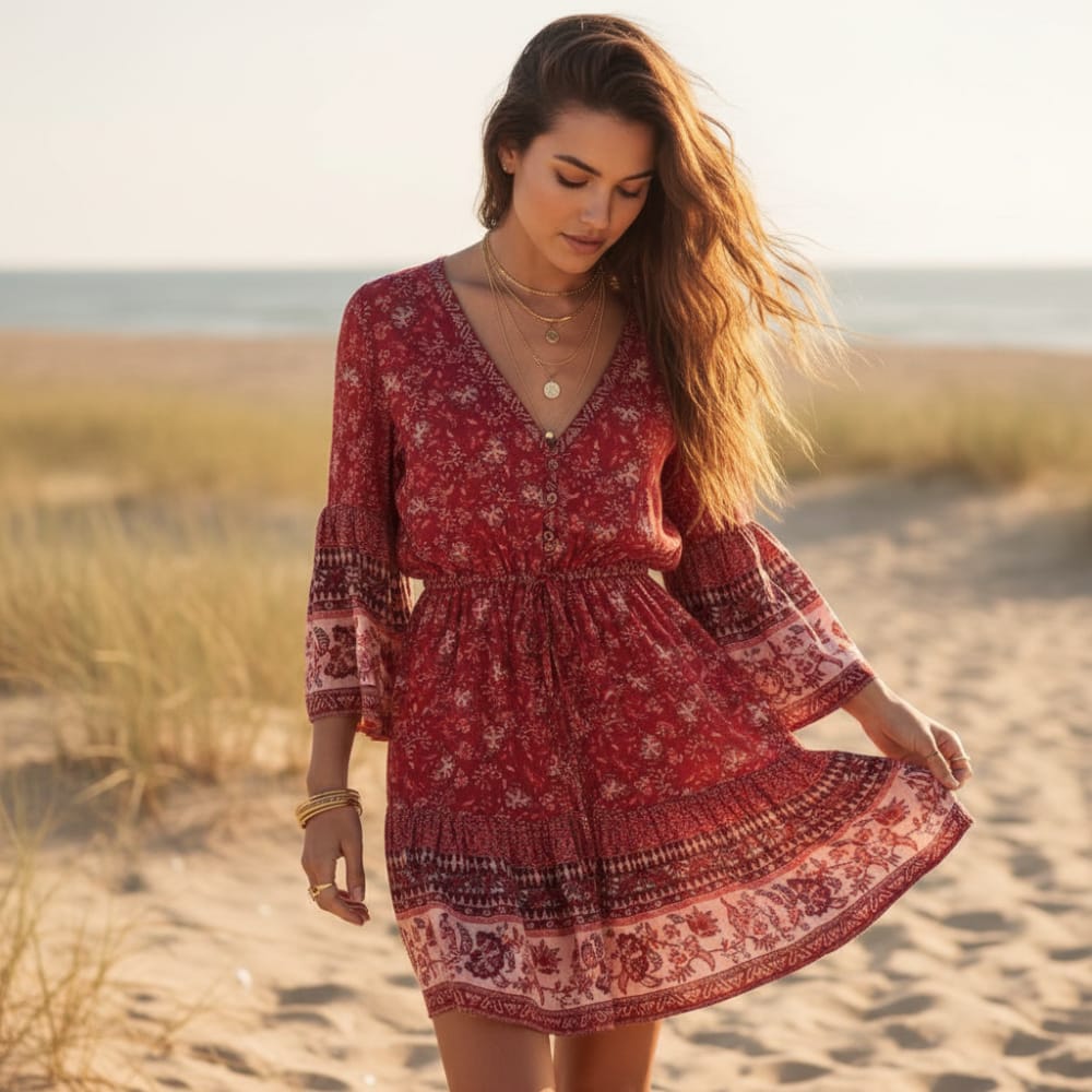 Boho Floral Mini Dress – Summer V-Neck Button Front with Flare Sleeves in Red | Women's Boho Fashion | S
