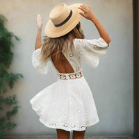Boho Beach Hut boho dress, short sleeve dress, mini dress, white dress, hippie dress, floral dress, summer dress Chic White Summer Dress