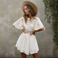 Boho Beach Hut boho dress, short sleeve dress, mini dress, white dress, hippie dress, floral dress, summer dress White / S Chic White Summer Dress