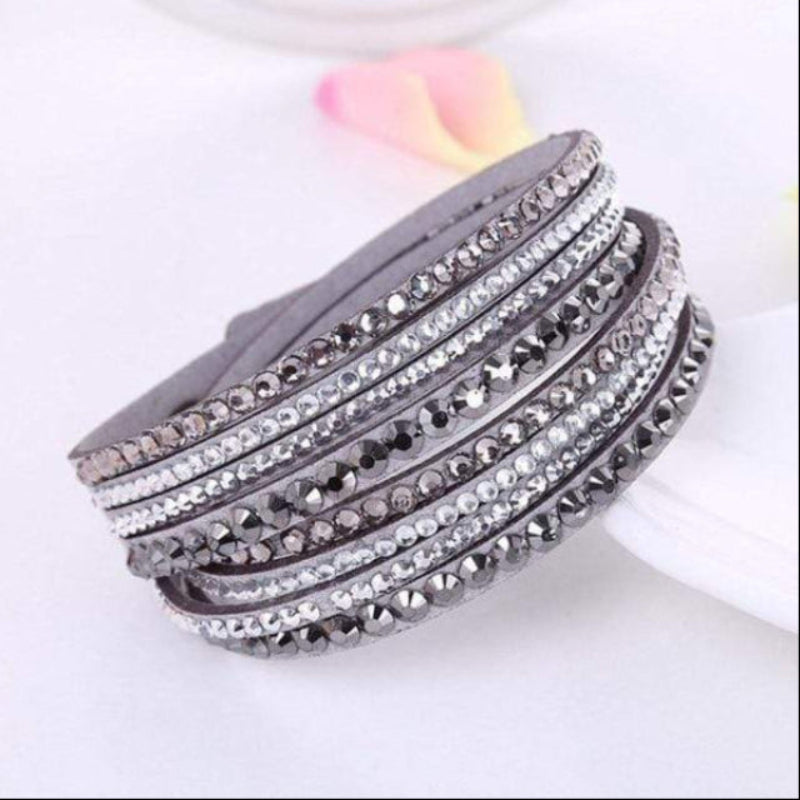 Boho Beach Hut Bracelets Gray / One Size Leather Rhinestone Bracelet