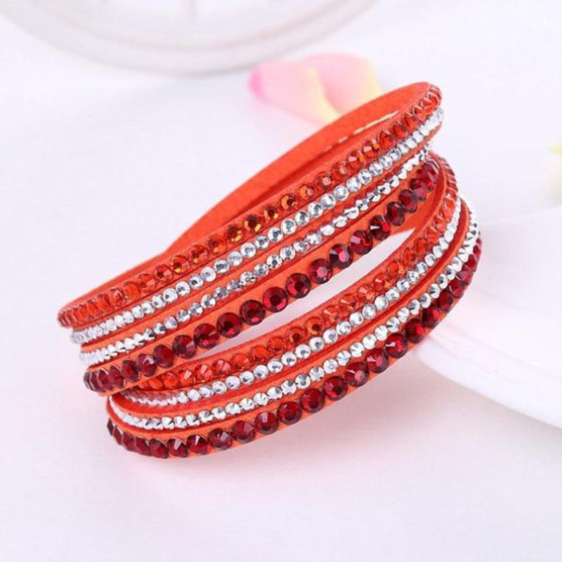 Boho Beach Hut Bracelets Orange / One Size Leather Rhinestone Bracelet