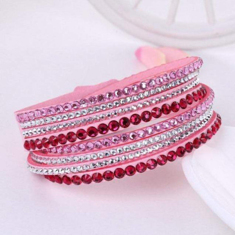 Boho Beach Hut Bracelets Pink / One Size Leather Rhinestone Bracelet