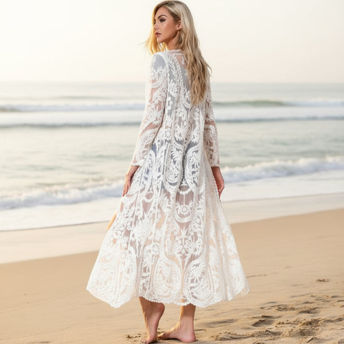 Boho Beach Hut Cardigan, Cover Up, Beachwear, White Long Cardigan, Lace Cardigan White Lace Long Beach Cardigan White / One Size