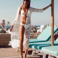 Boho Beach Hut Cardigan, Cover Up, Beachwear, White Long Cardigan, Lace Cardigan White Lace Long Beach Cardigan White / One Size