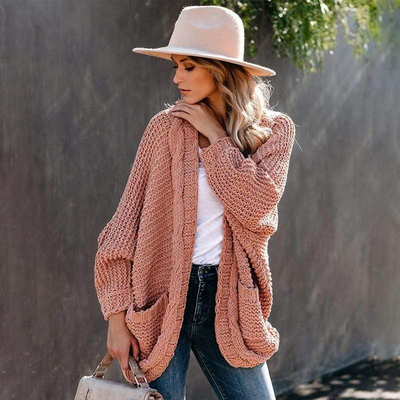 Boho Knit Cardigan with Pockets – Open Front Stretch Sweater with