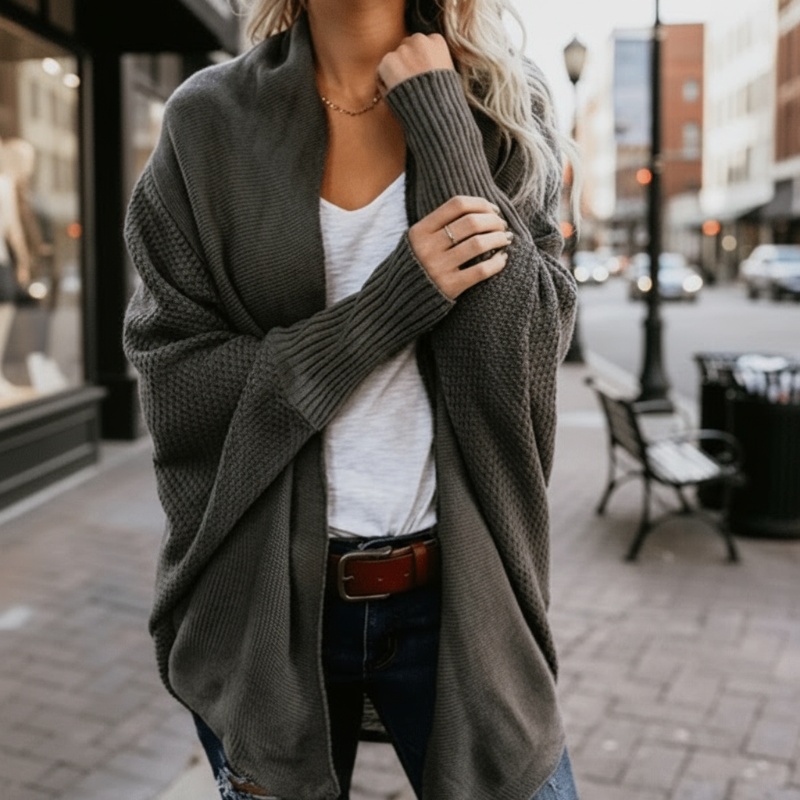 Batwing Knitted Cardigan – Open Stitch Solid Color with Scarf
