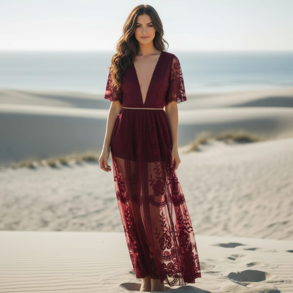 Red Boho Lace Maxi Dress Tulle Hollow Out Embroidered Sundress in Red | Women's Boho Fashion | M | Synthetic, Mesh Red Boho Lace Maxi Dress Tulle Hollow Out Embroidered Sundress in Red | Women's Boho Fashion | M | Synthetic, Mesh
