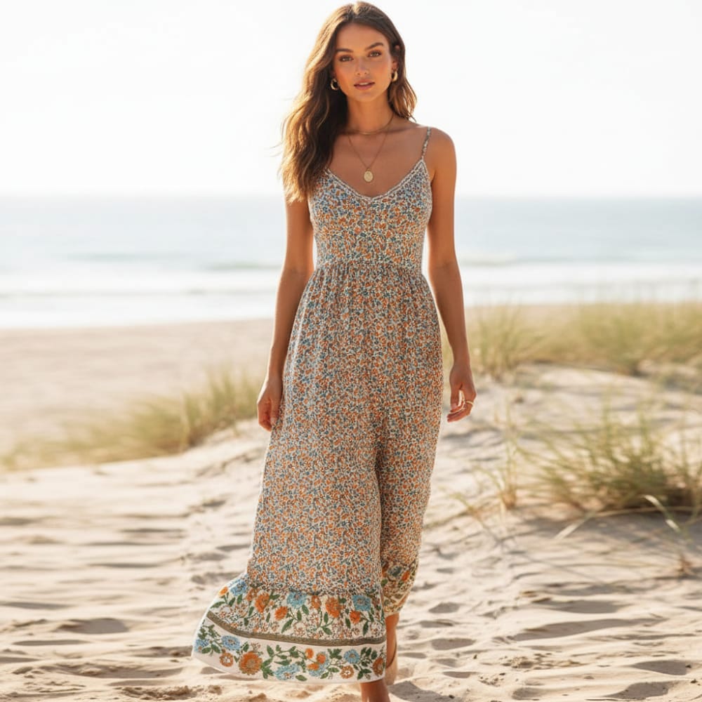Floral Spaghetti Strap Boho Dress Empire Waist Ankle-Length Maxi in Red | Women's Boho Fashion | XL | Polyester Floral Spaghetti Strap Boho Dress Empire Waist Ankle-Length Maxi in Red | Women's Boho Fashion | XL | Polyester