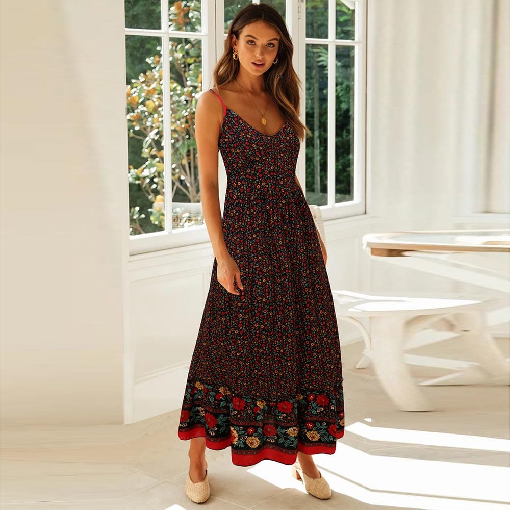 Floral Spaghetti Strap Boho Dress – Empire Waist Ankle-Length Maxi