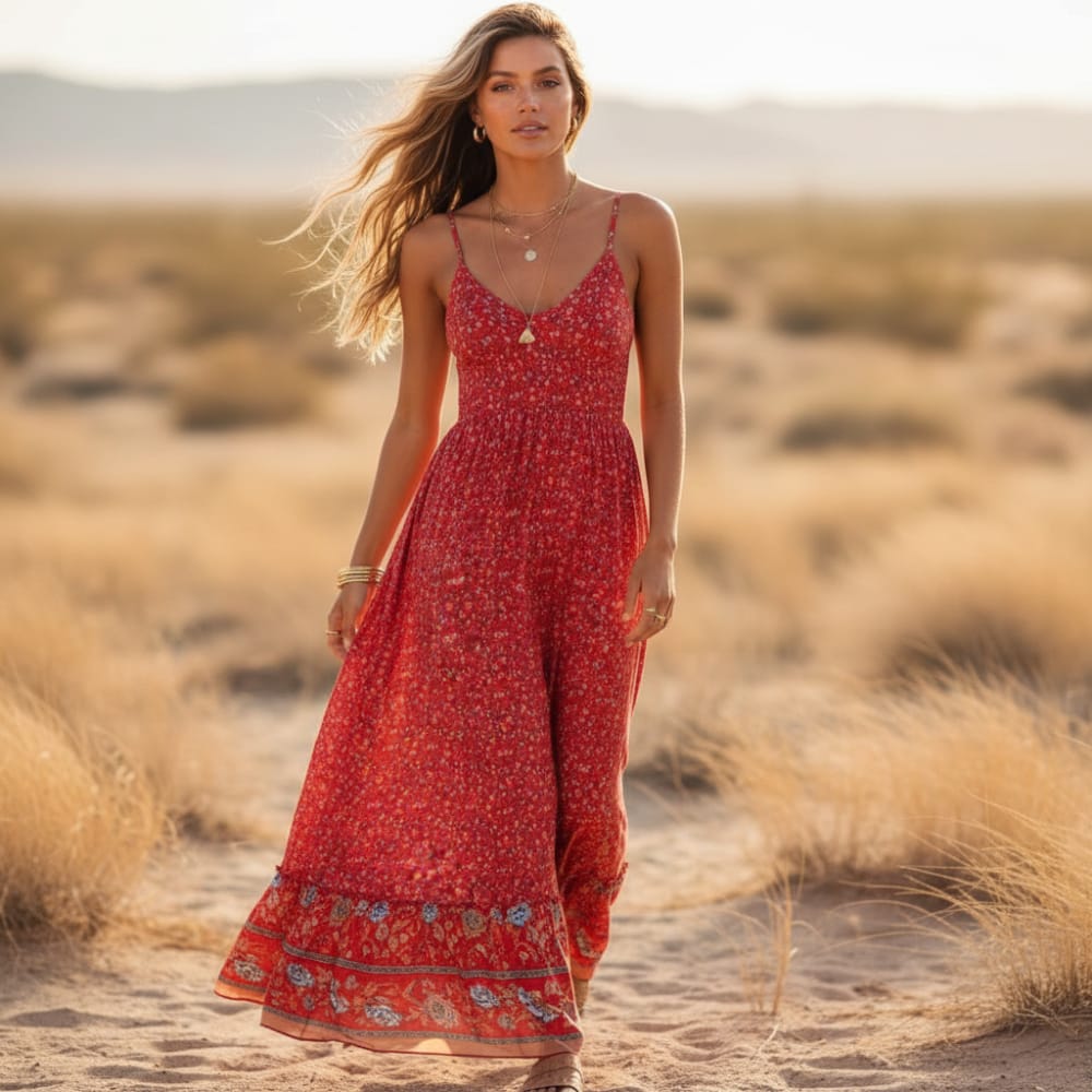 Floral Spaghetti Strap Boho Dress Empire Waist Ankle-Length Maxi in Red | Women's Boho Fashion | XL | Polyester Floral Spaghetti Strap Boho Dress Empire Waist Ankle-Length Maxi in Red | Women's Boho Fashion | XL | Polyester
