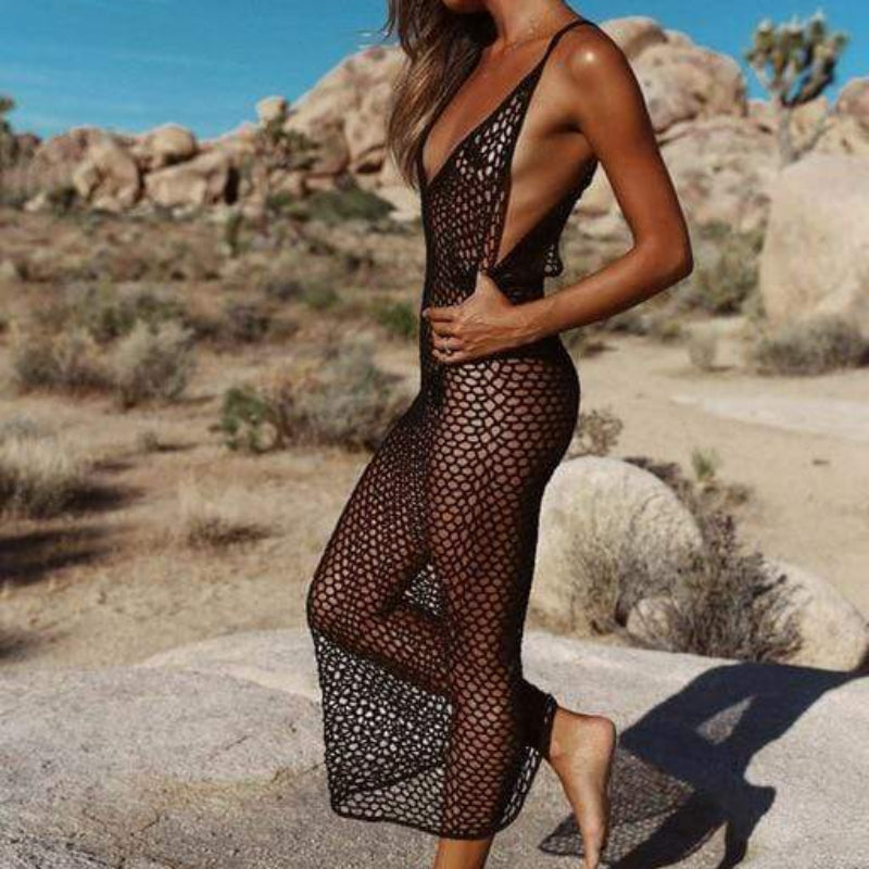 Boho Beach Hut Cover up, Beach Cover up Dress Backless Crochet Beach Cover Up Black / One Size