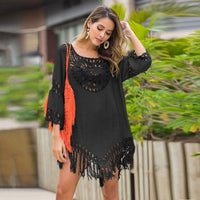 Boho Beach Hut Cover-up, Swimwear Boho Sexy Beach Cover Up Hollow Out Tassels Black / One Size