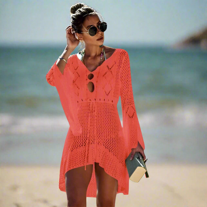 Boho Beach Hut Cover-Ups, Bikini Cover Up Orange / One Size Crochet Knit Beach Cover Up