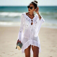 Boho Beach Hut Cover-Ups, Bikini Cover Up White / One Size Crochet Knit Beach Cover Up