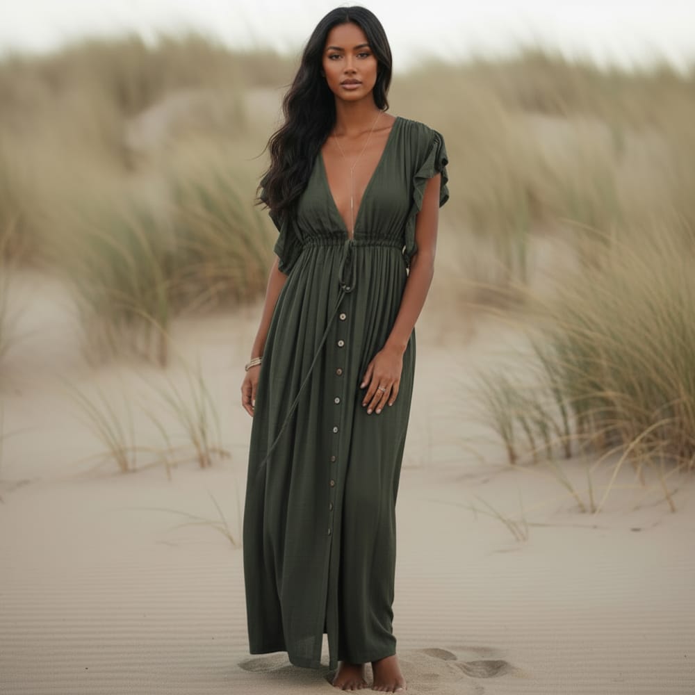 Boho Summer Beach Cover Up Dress Sheer Button-Up V-Neck Maxi in Blue | Women's Boho Fashion | One Size | Polyester Boho Summer Beach Cover Up Dress Sheer Button-Up V-Neck Maxi in Blue | Women's Boho Fashion | One Size | Polyester