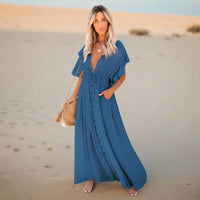 Boho Beach Hut Cover-Ups, Dress, maxi dress, white dress, short sleeve dress, v neck dress, plus size dress Boho Casual Summer Beach Cover Up Dress Blue / One Size